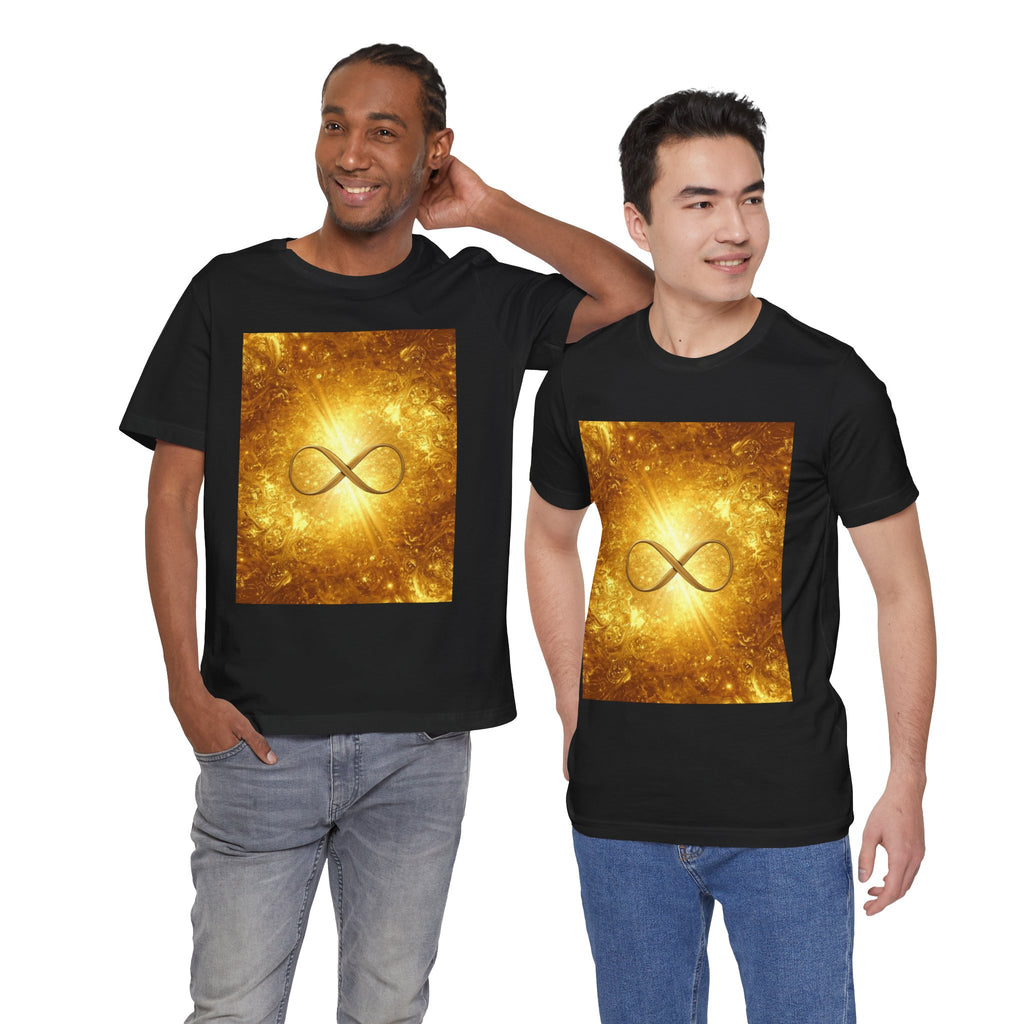 Infinity Symbol Cosmic Tee — Golden Spiritual Graphic T-Shirt