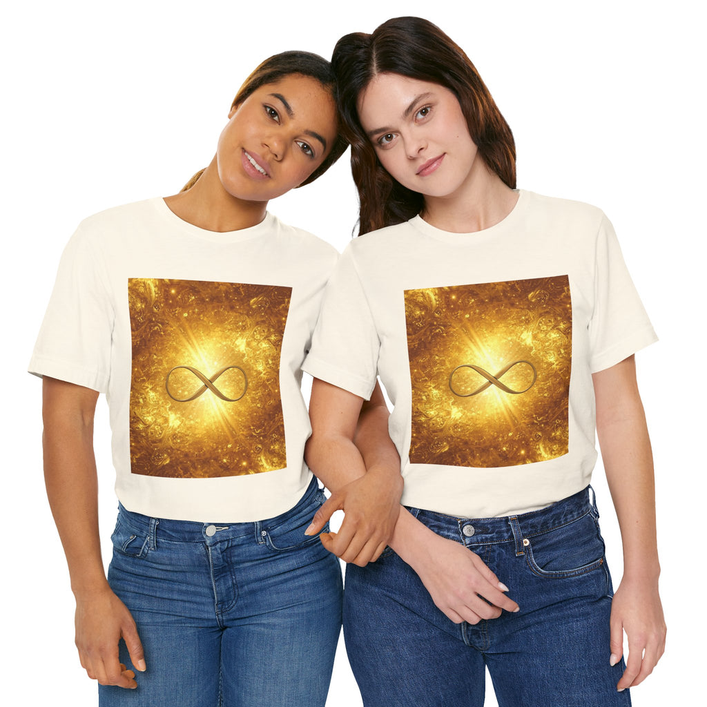 Infinity Symbol Cosmic Tee — Golden Spiritual Graphic T-Shirt