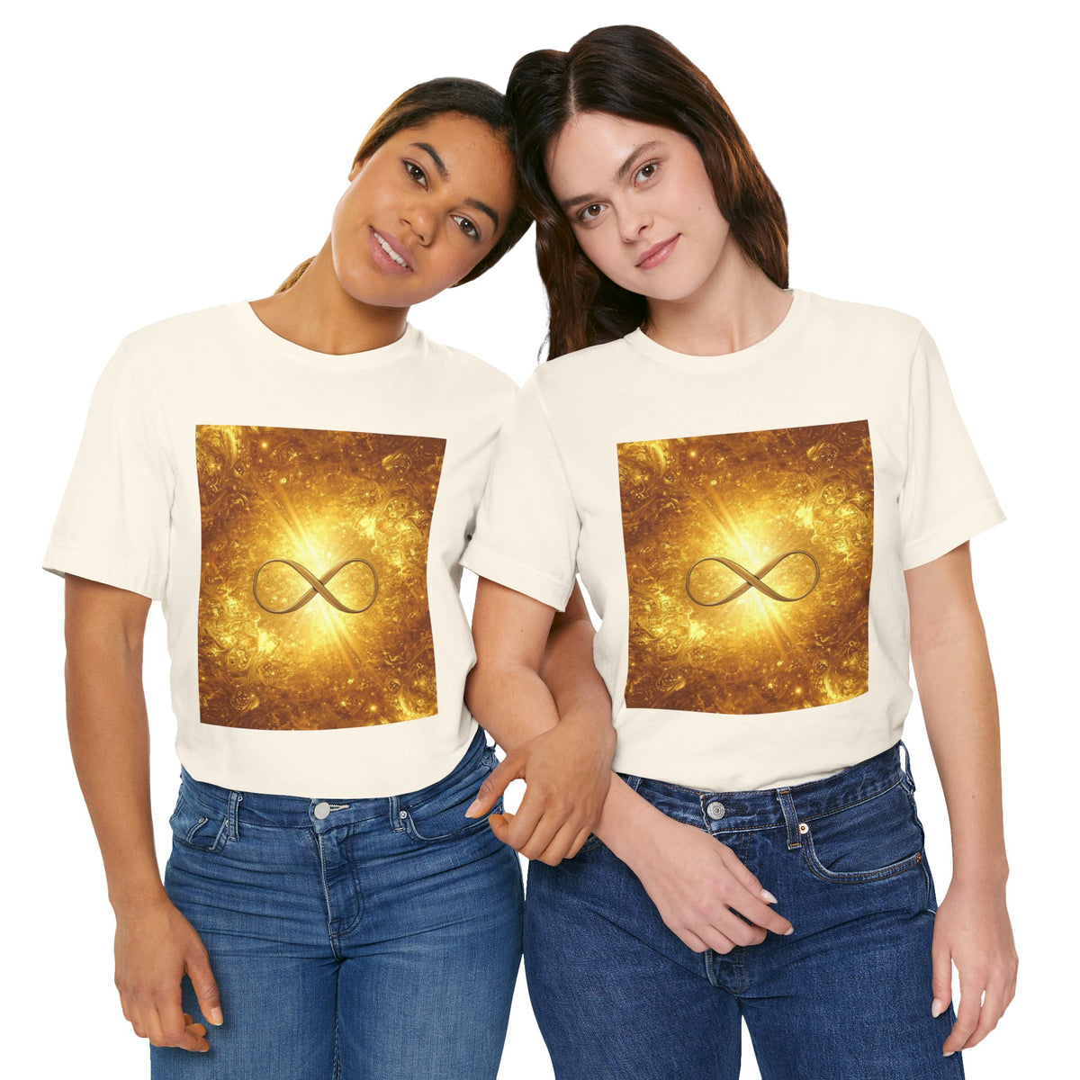 Infinity Symbol Cosmic Tee — Golden Spiritual Graphic T-Shirt