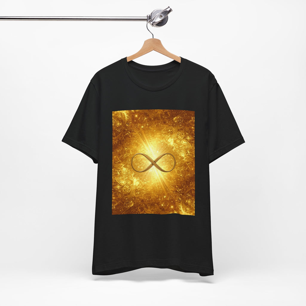 Infinity Symbol Cosmic Tee — Golden Spiritual Graphic T-Shirt