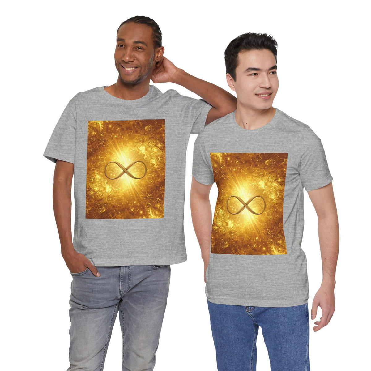 Infinity Symbol Cosmic Tee — Golden Spiritual Graphic T-Shirt