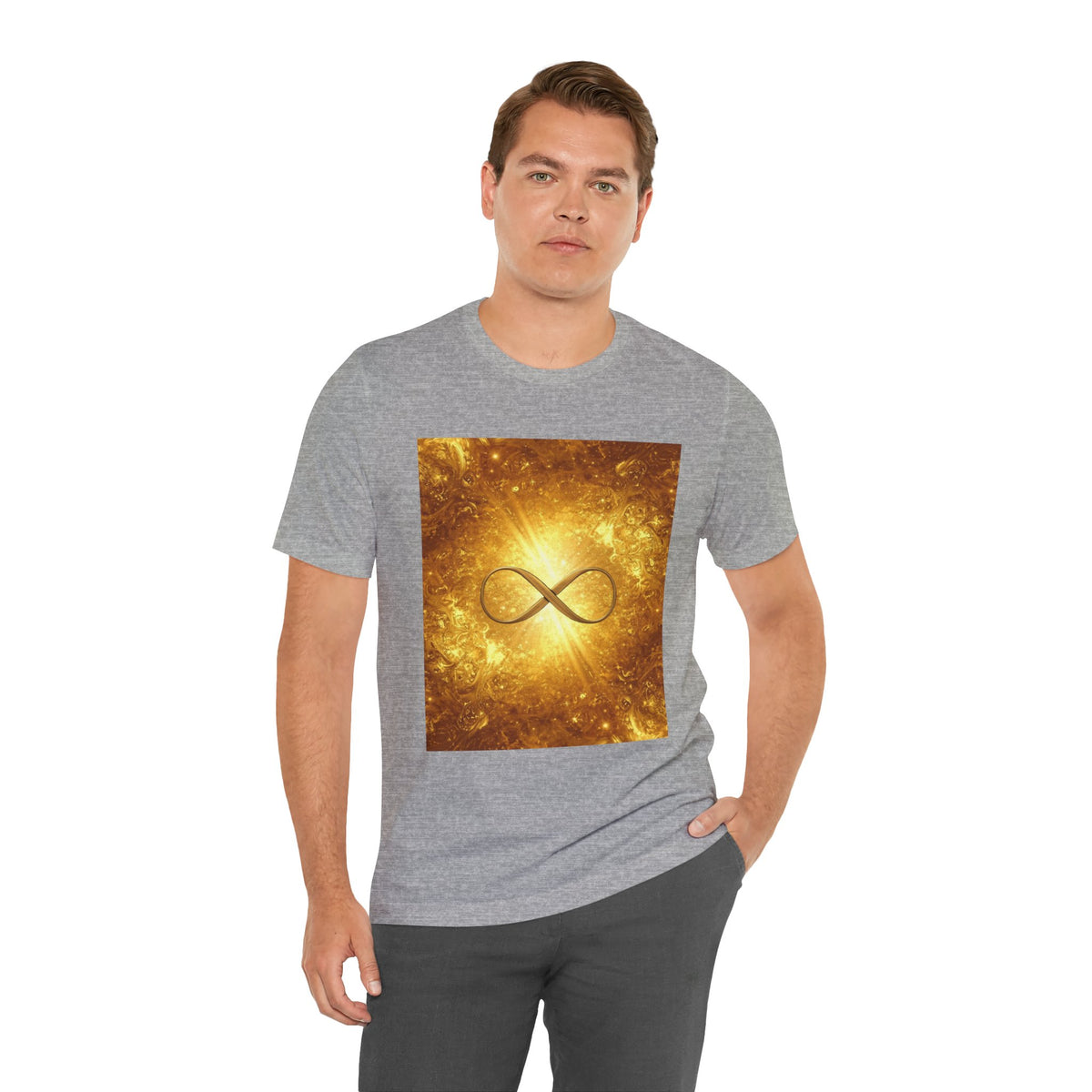 Infinity Symbol Cosmic Tee — Golden Spiritual Graphic T-Shirt