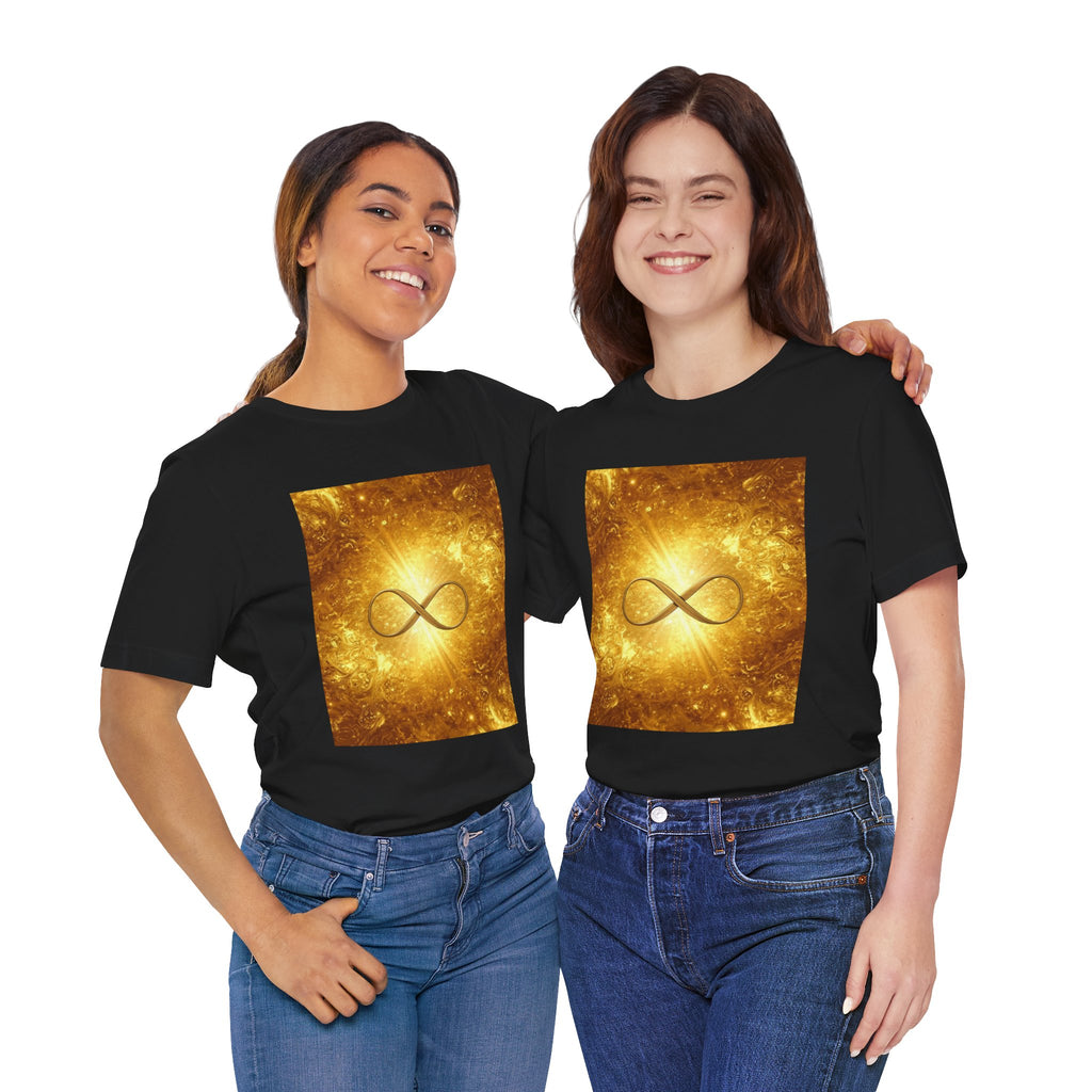 Infinity Symbol Cosmic Tee — Golden Spiritual Graphic T-Shirt