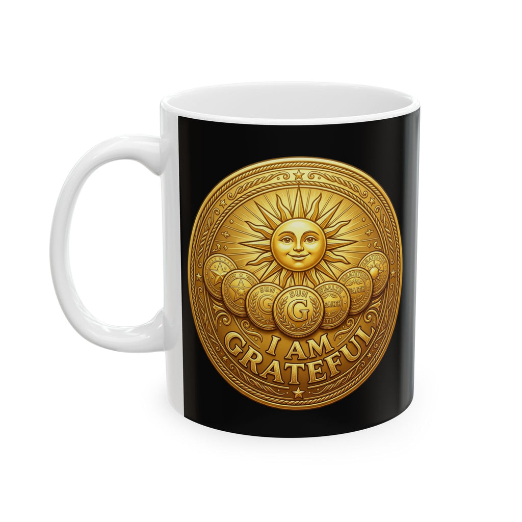 Gold Coin Ceramic Mug – Gratitude Sun Emblem Coffee Cup (11oz & 15oz)