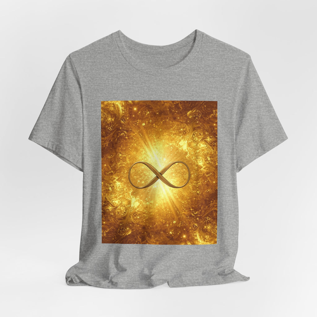Infinity Symbol Cosmic Tee — Golden Spiritual Graphic T-Shirt