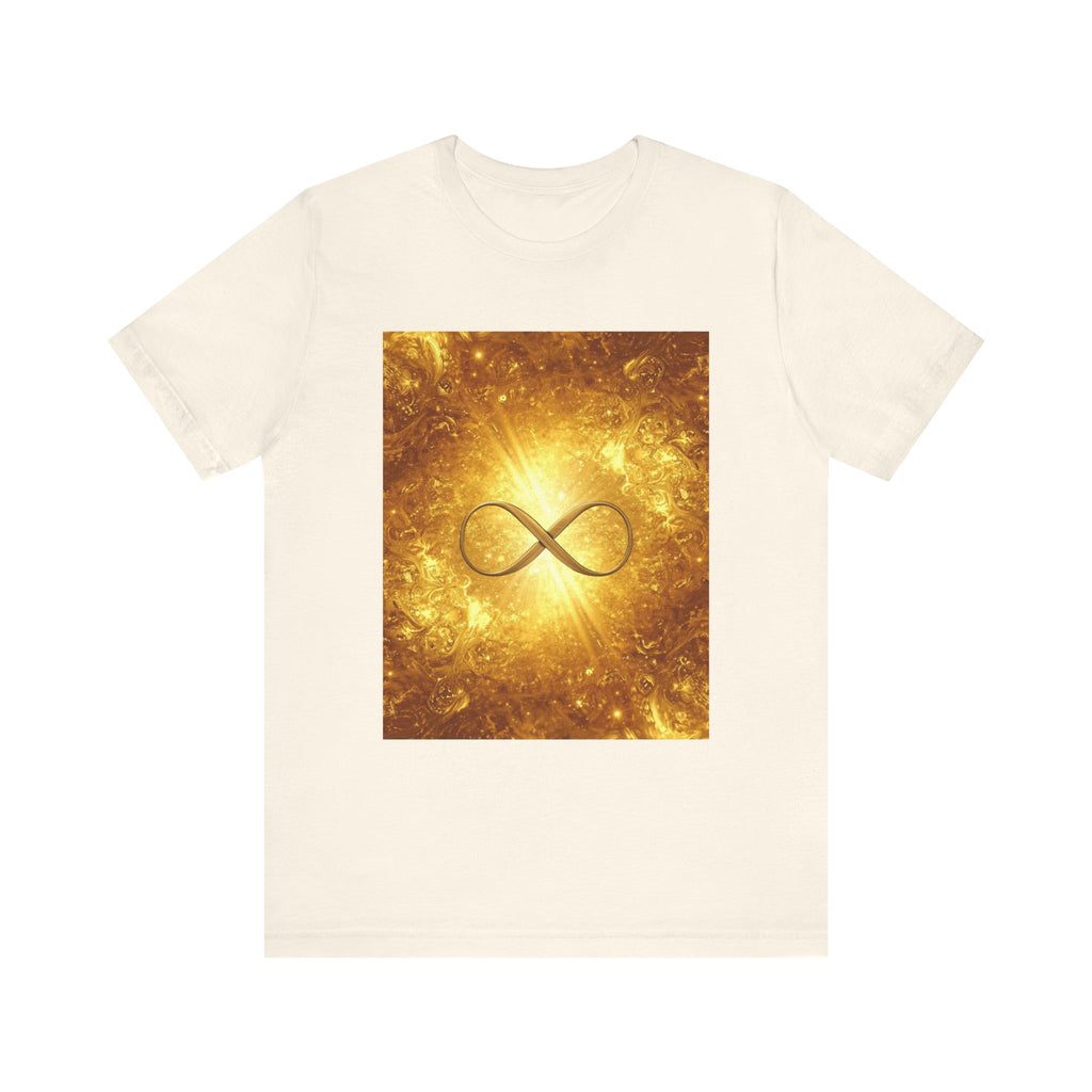 Infinity Symbol Cosmic Tee — Golden Spiritual Graphic T-Shirt