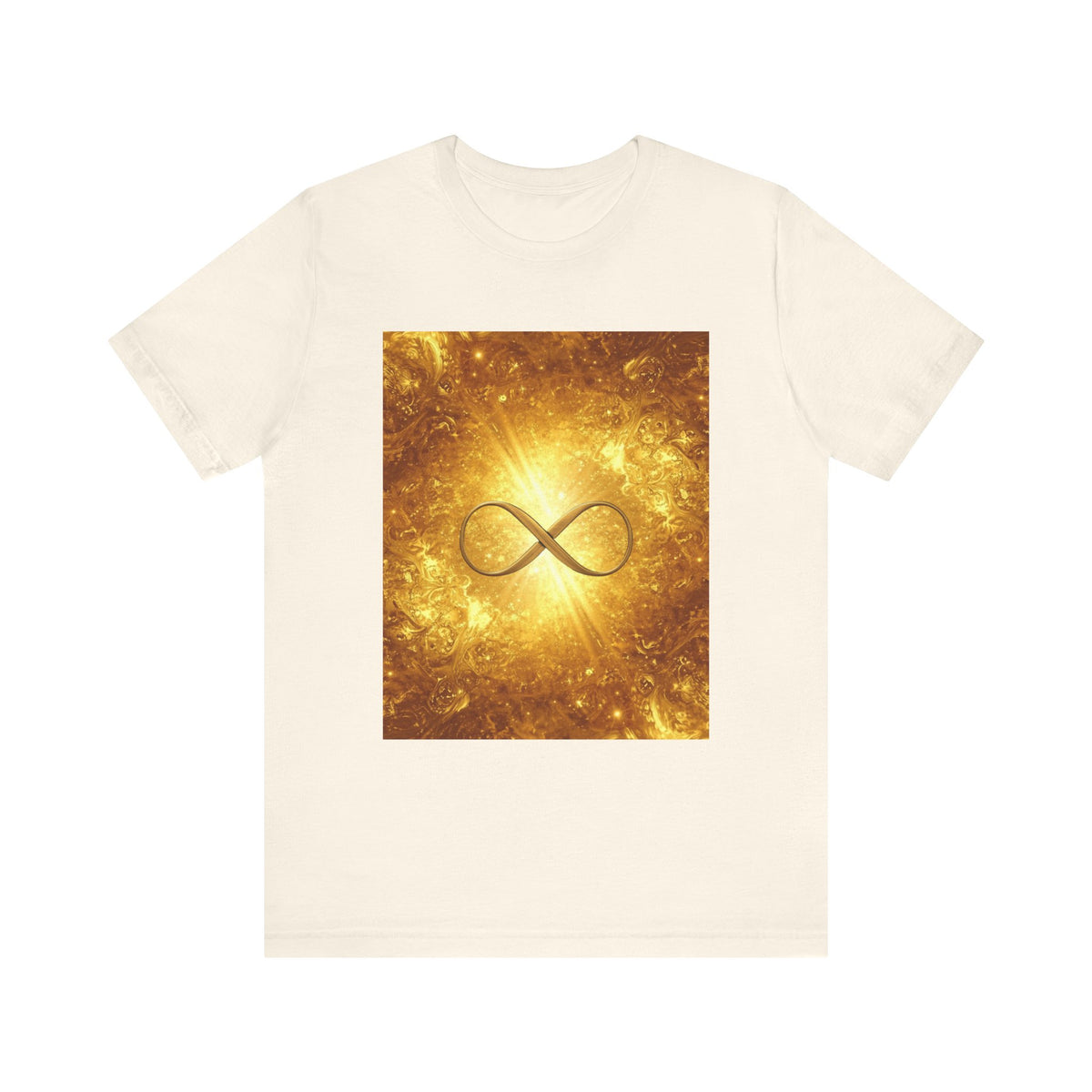 Infinity Symbol Cosmic Tee — Golden Spiritual Graphic T-Shirt