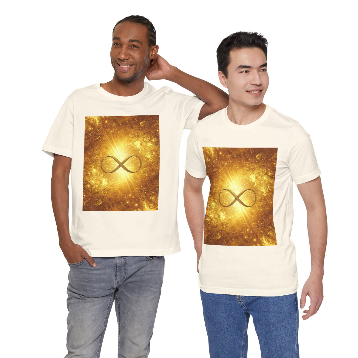 Infinity Symbol Cosmic Tee — Golden Spiritual Graphic T-Shirt