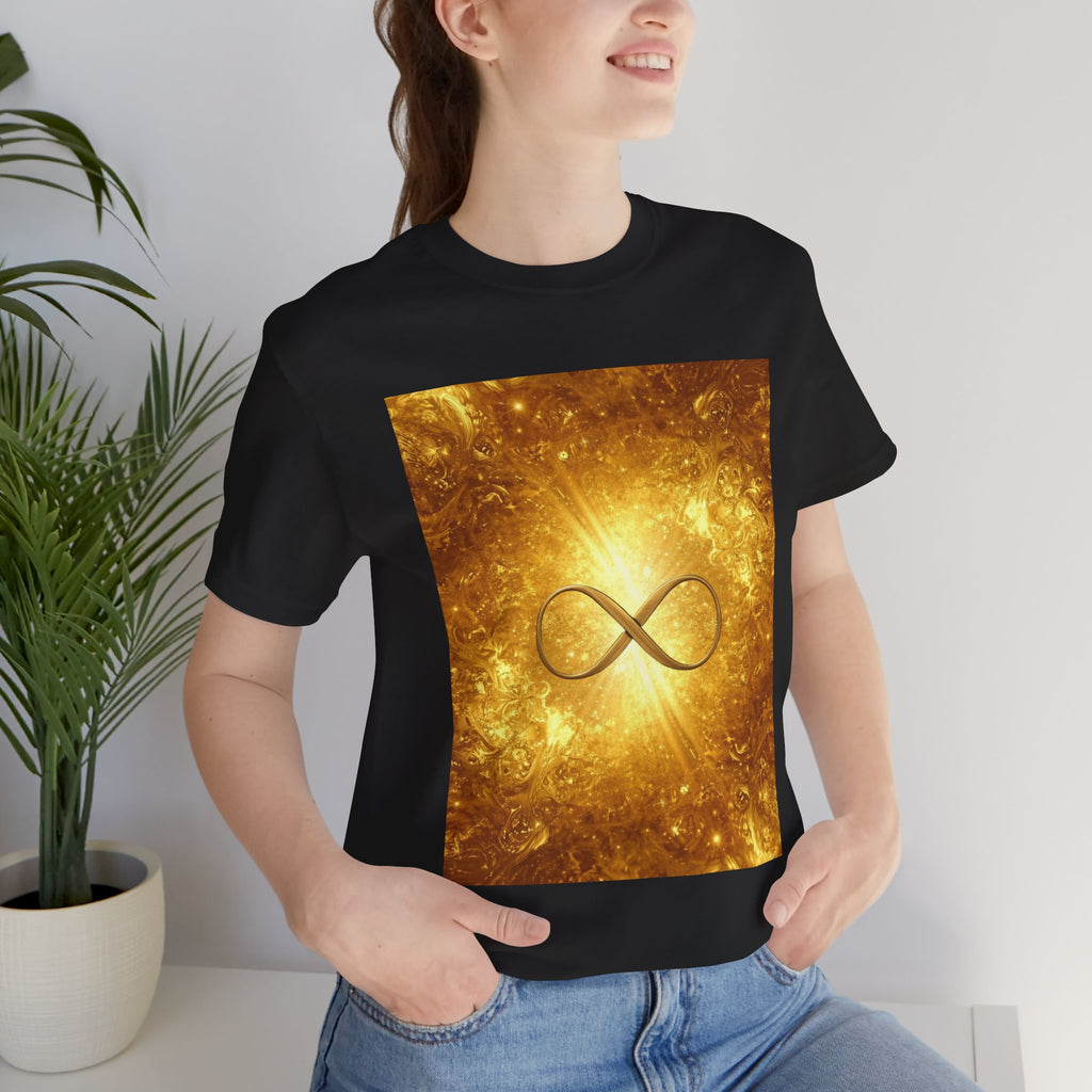 Infinity Symbol Cosmic Tee — Golden Spiritual Graphic T-Shirt