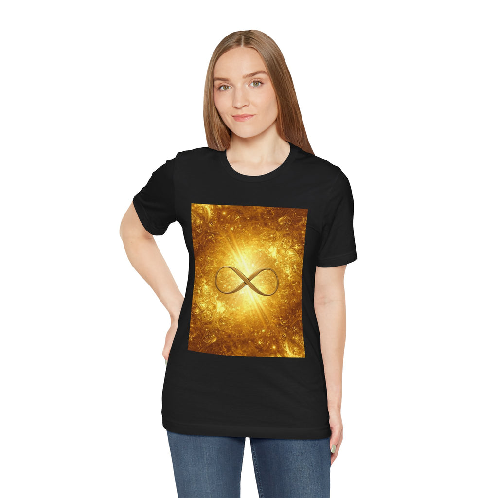 Infinity Symbol Cosmic Tee — Golden Spiritual Graphic T-Shirt