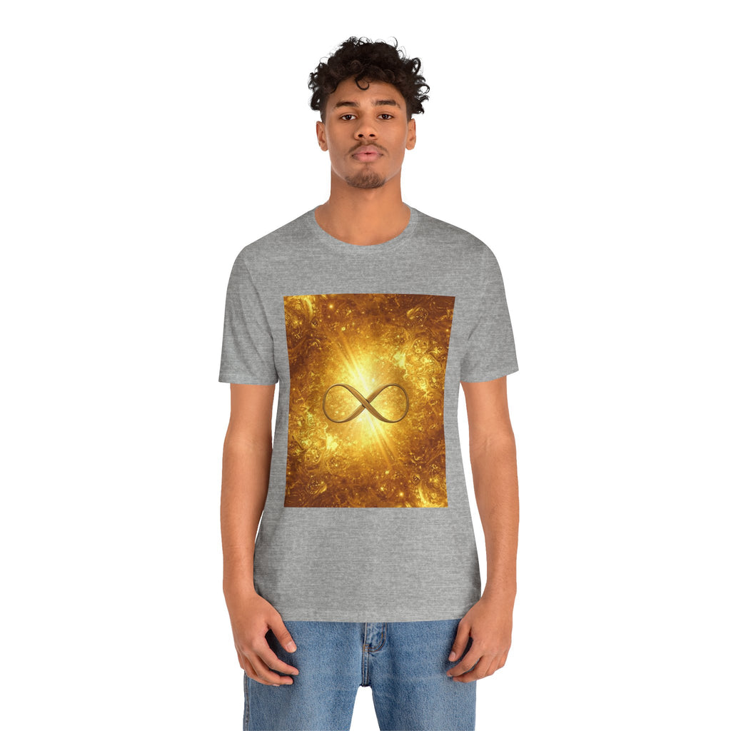 Infinity Symbol Cosmic Tee — Golden Spiritual Graphic T-Shirt