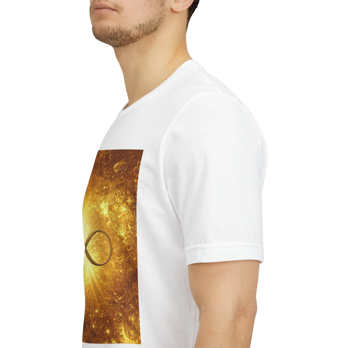 Infinity Symbol Cosmic Tee — Golden Spiritual Graphic T-Shirt
