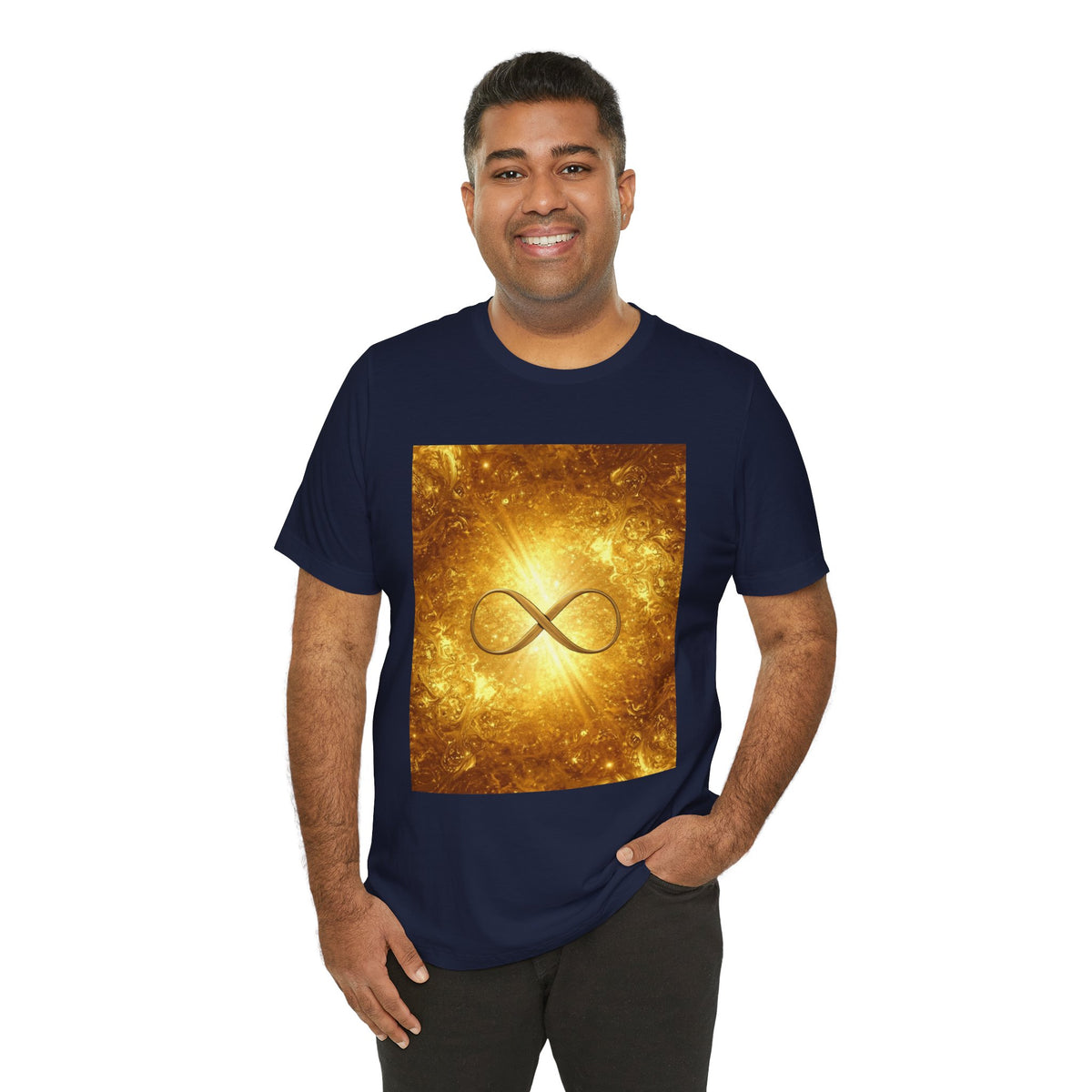 Infinity Symbol Cosmic Tee — Golden Spiritual Graphic T-Shirt