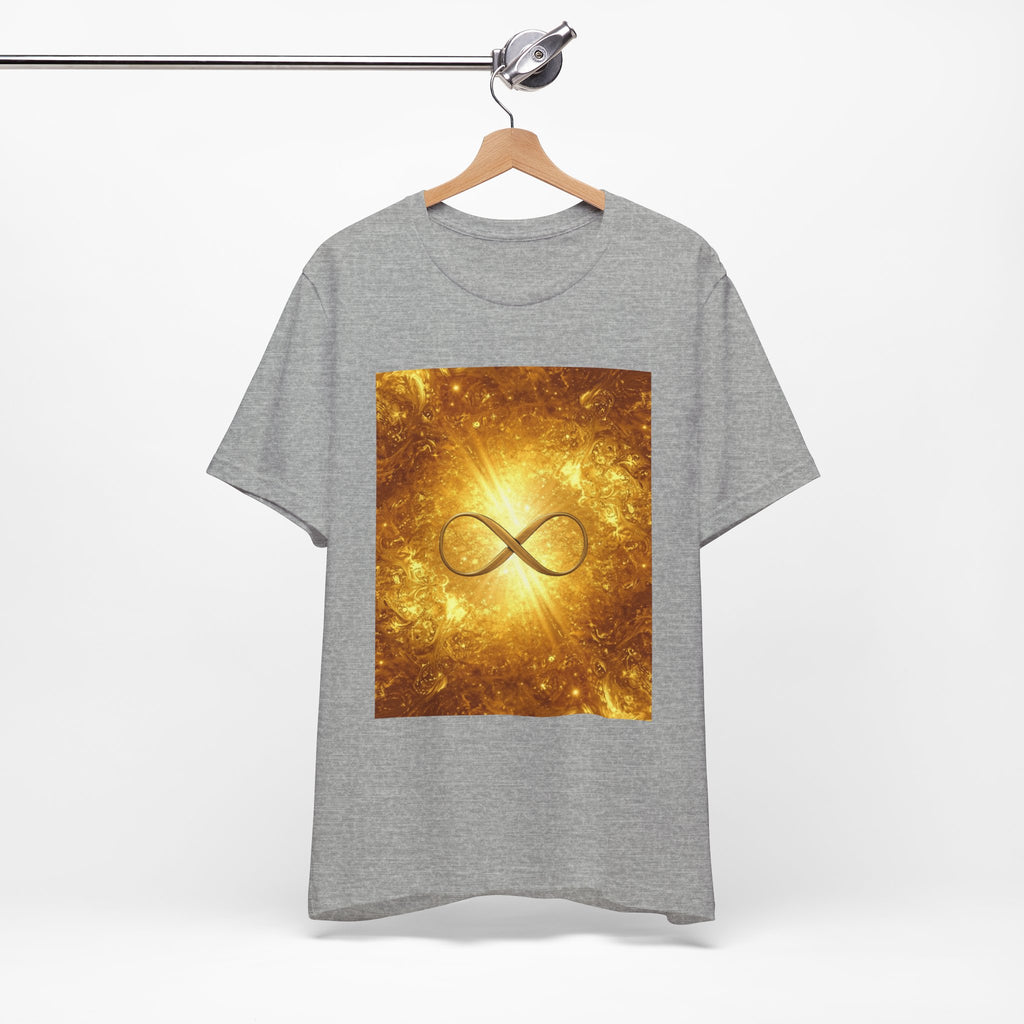 Infinity Symbol Cosmic Tee — Golden Spiritual Graphic T-Shirt