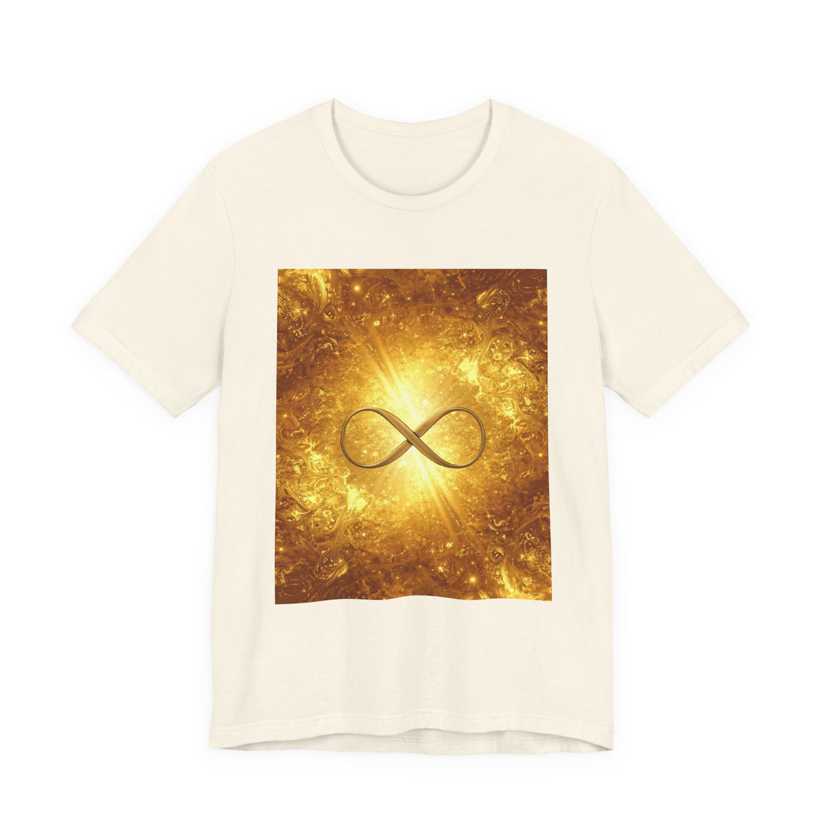 Infinity Symbol Cosmic Tee — Golden Spiritual Graphic T-Shirt