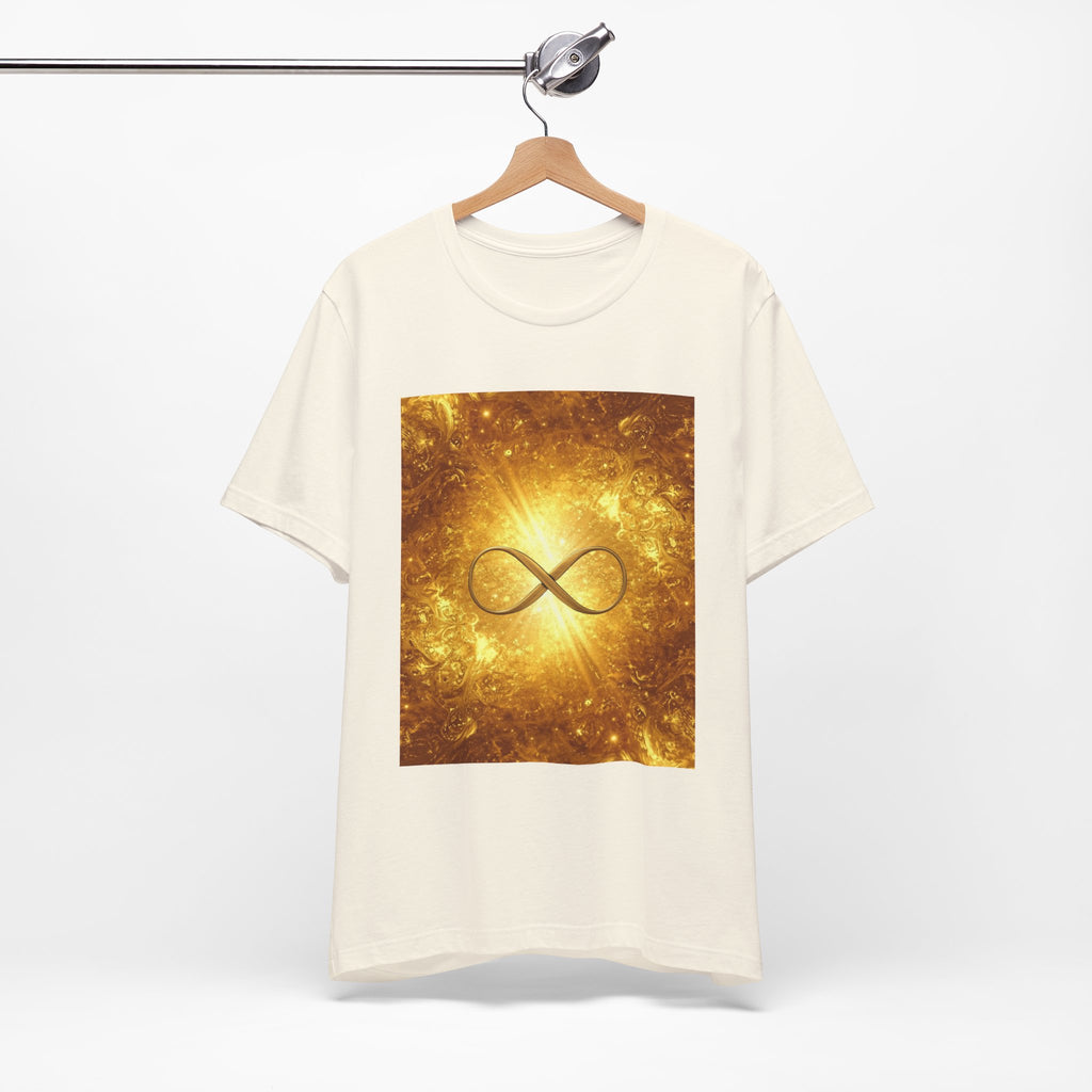 Infinity Symbol Cosmic Tee — Golden Spiritual Graphic T-Shirt