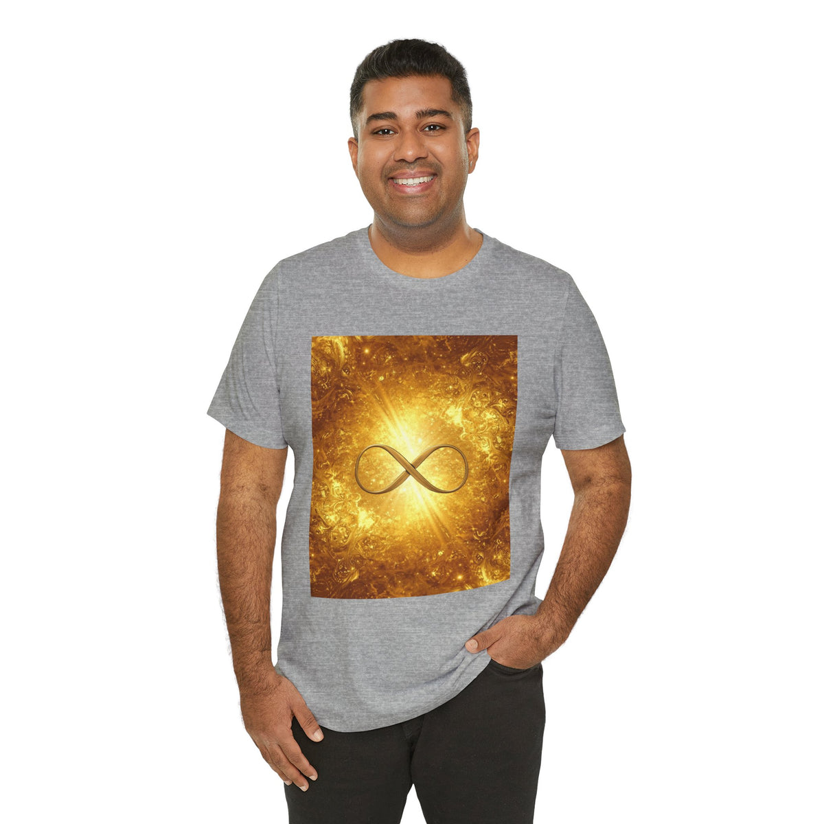 Infinity Symbol Cosmic Tee — Golden Spiritual Graphic T-Shirt