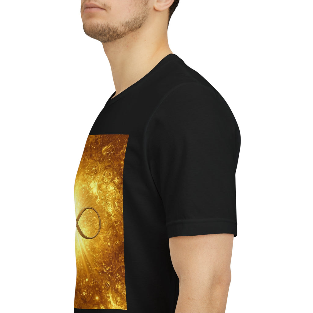 Infinity Symbol Cosmic Tee — Golden Spiritual Graphic T-Shirt