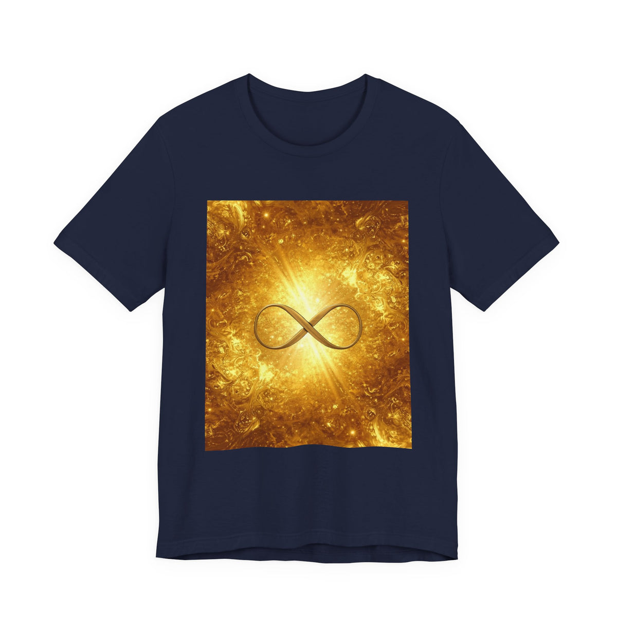 Infinity Symbol Cosmic Tee — Golden Spiritual Graphic T-Shirt