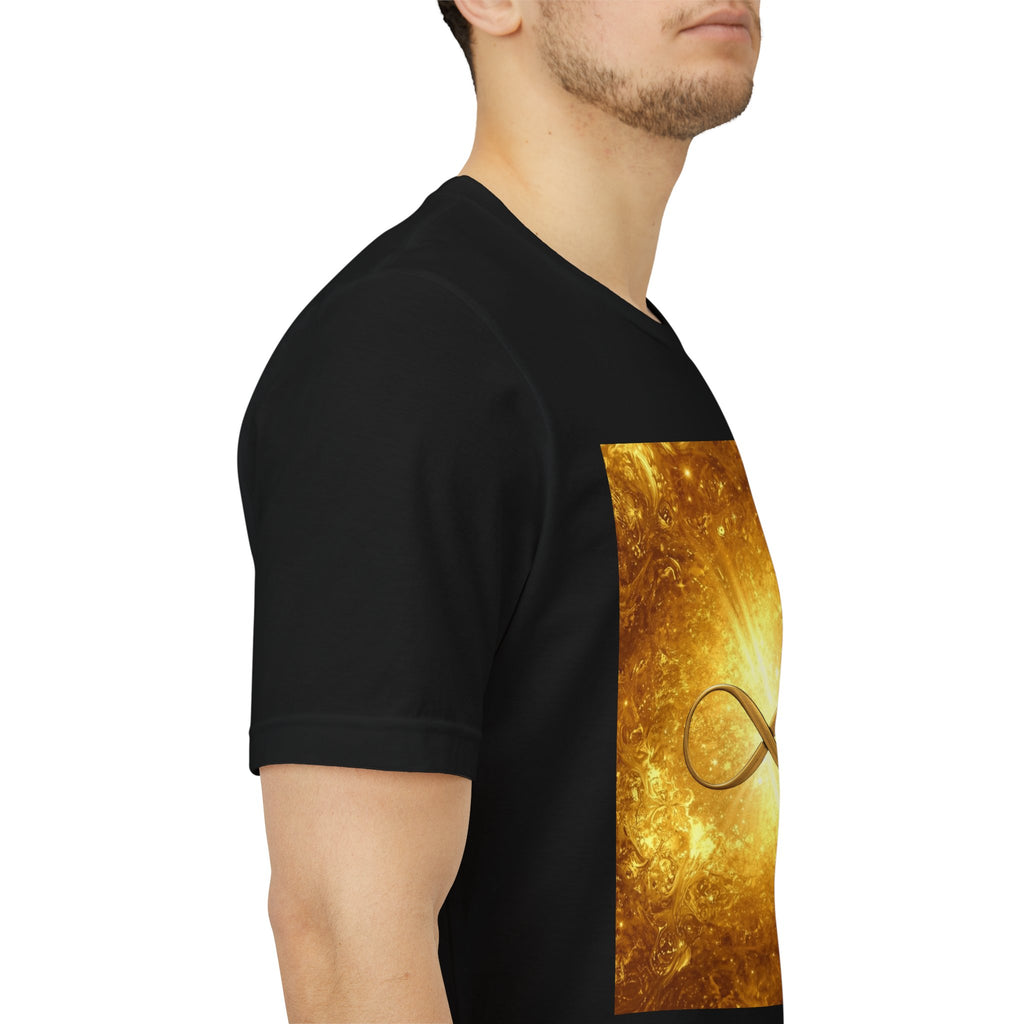 Infinity Symbol Cosmic Tee — Golden Spiritual Graphic T-Shirt