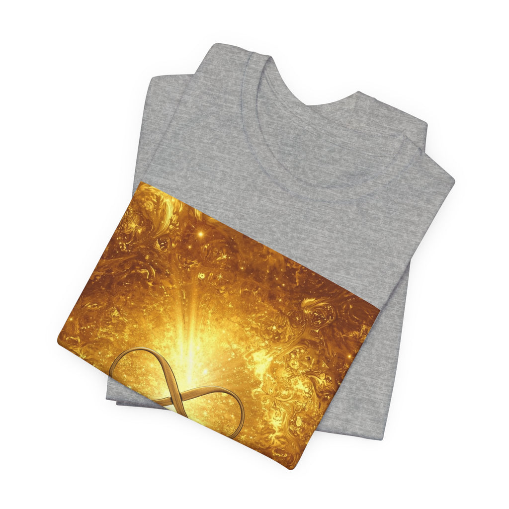Infinity Symbol Cosmic Tee — Golden Spiritual Graphic T-Shirt