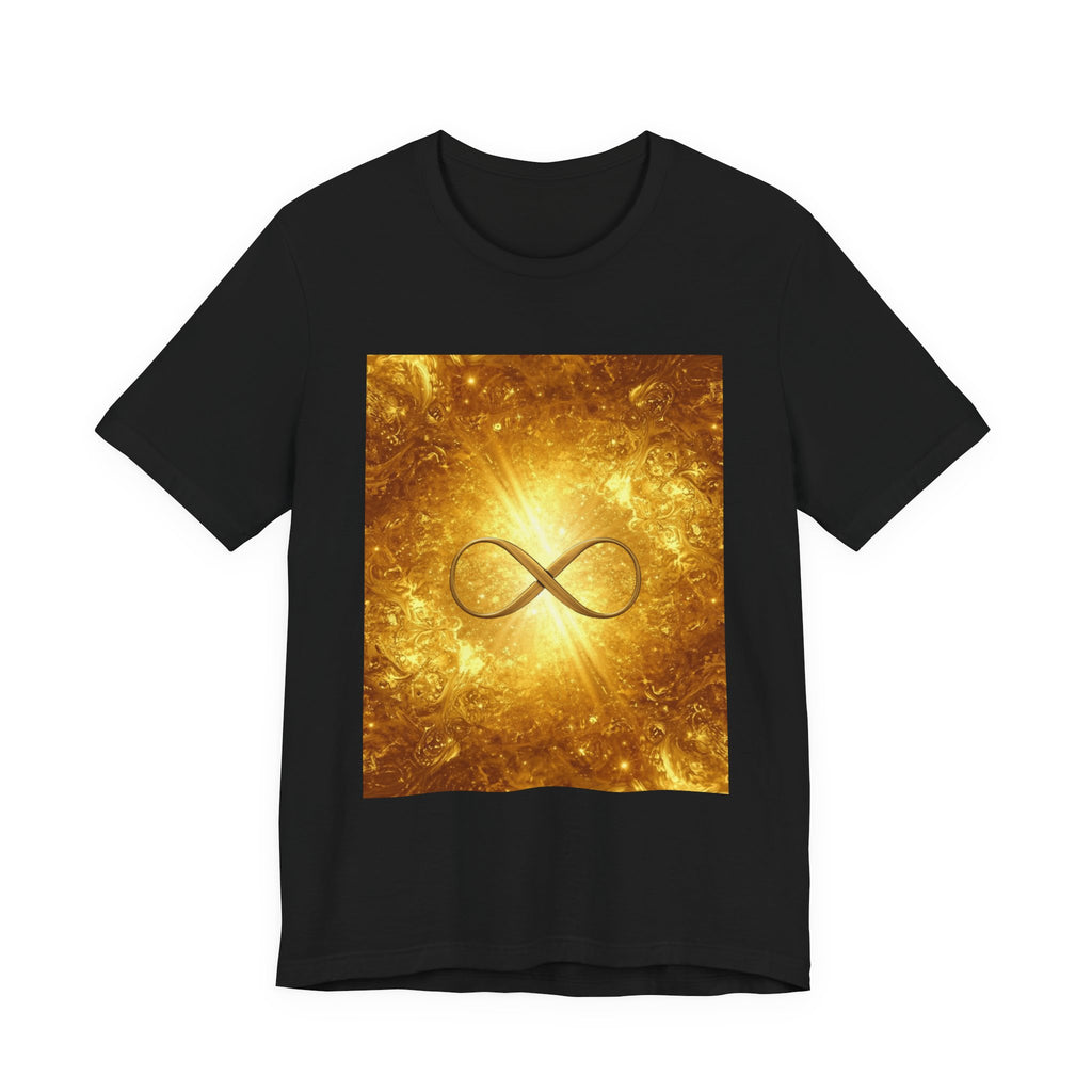 Infinity Symbol Cosmic Tee — Golden Spiritual Graphic T-Shirt