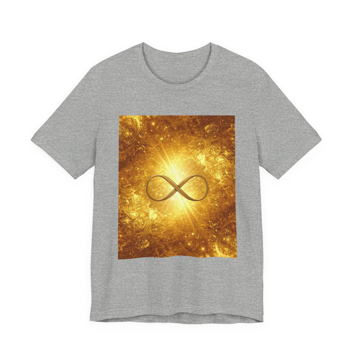 Infinity Symbol Cosmic Tee — Golden Spiritual Graphic T-Shirt