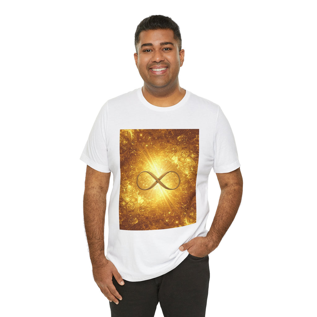 Infinity Symbol Cosmic Tee — Golden Spiritual Graphic T-Shirt