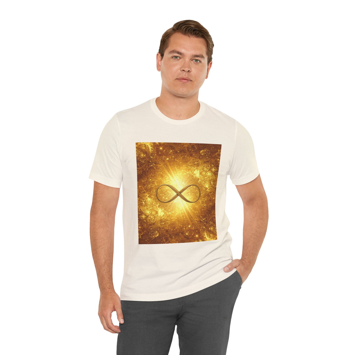 Infinity Symbol Cosmic Tee — Golden Spiritual Graphic T-Shirt
