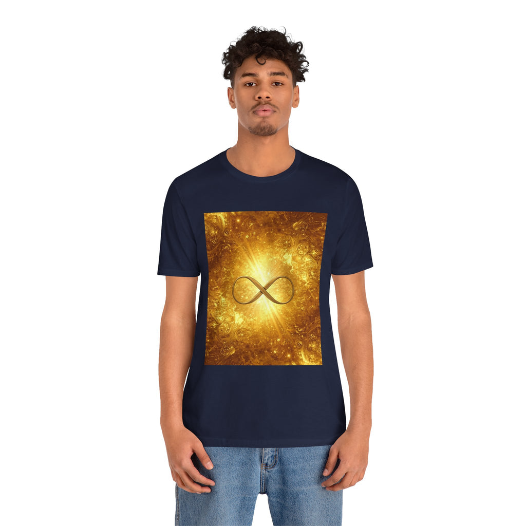 Infinity Symbol Cosmic Tee — Golden Spiritual Graphic T-Shirt