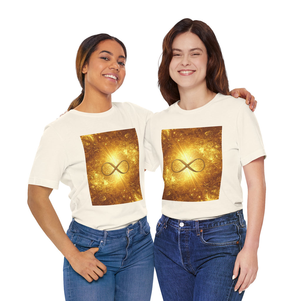 Infinity Symbol Cosmic Tee — Golden Spiritual Graphic T-Shirt