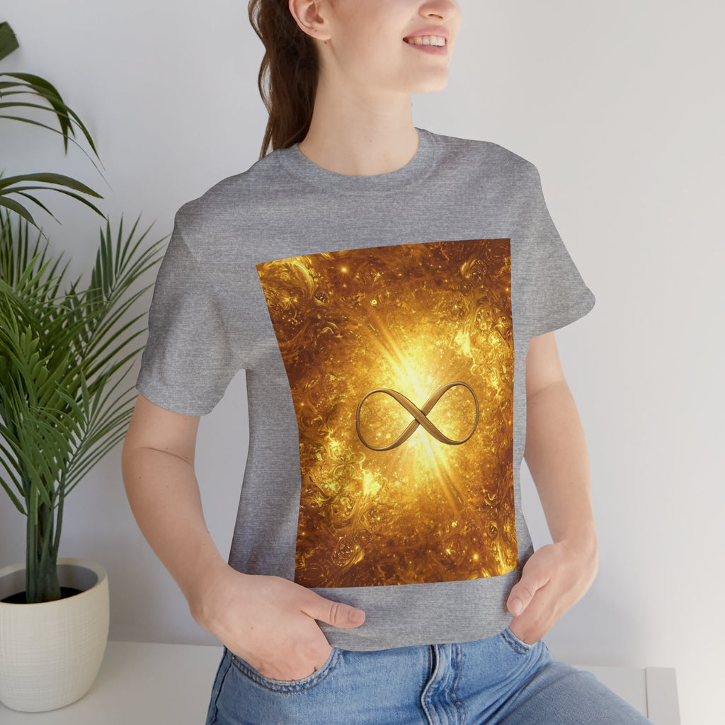 Infinity Symbol Cosmic Tee — Golden Spiritual Graphic T-Shirt
