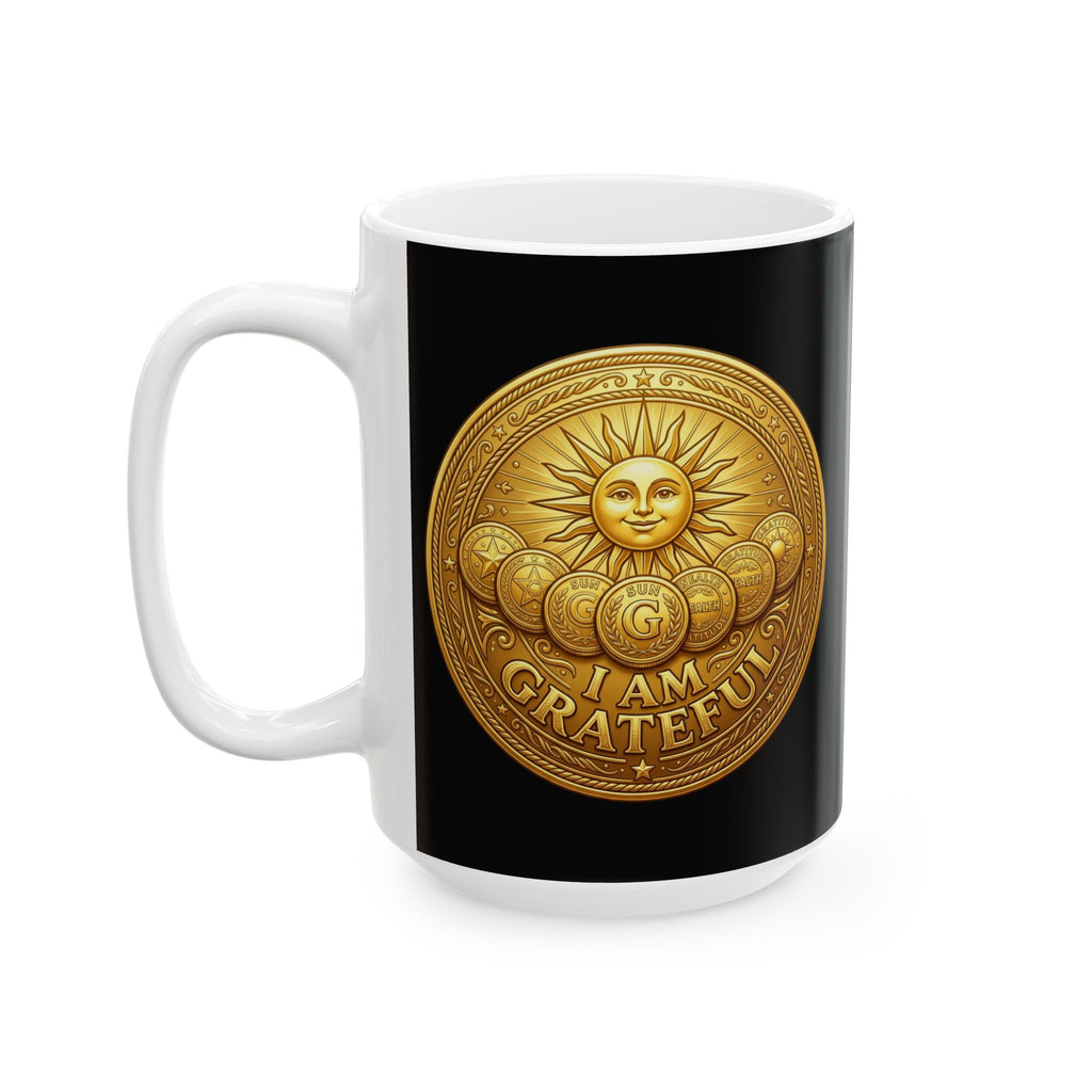 Gold Coin Ceramic Mug – Gratitude Sun Emblem Coffee Cup (11oz & 15oz)