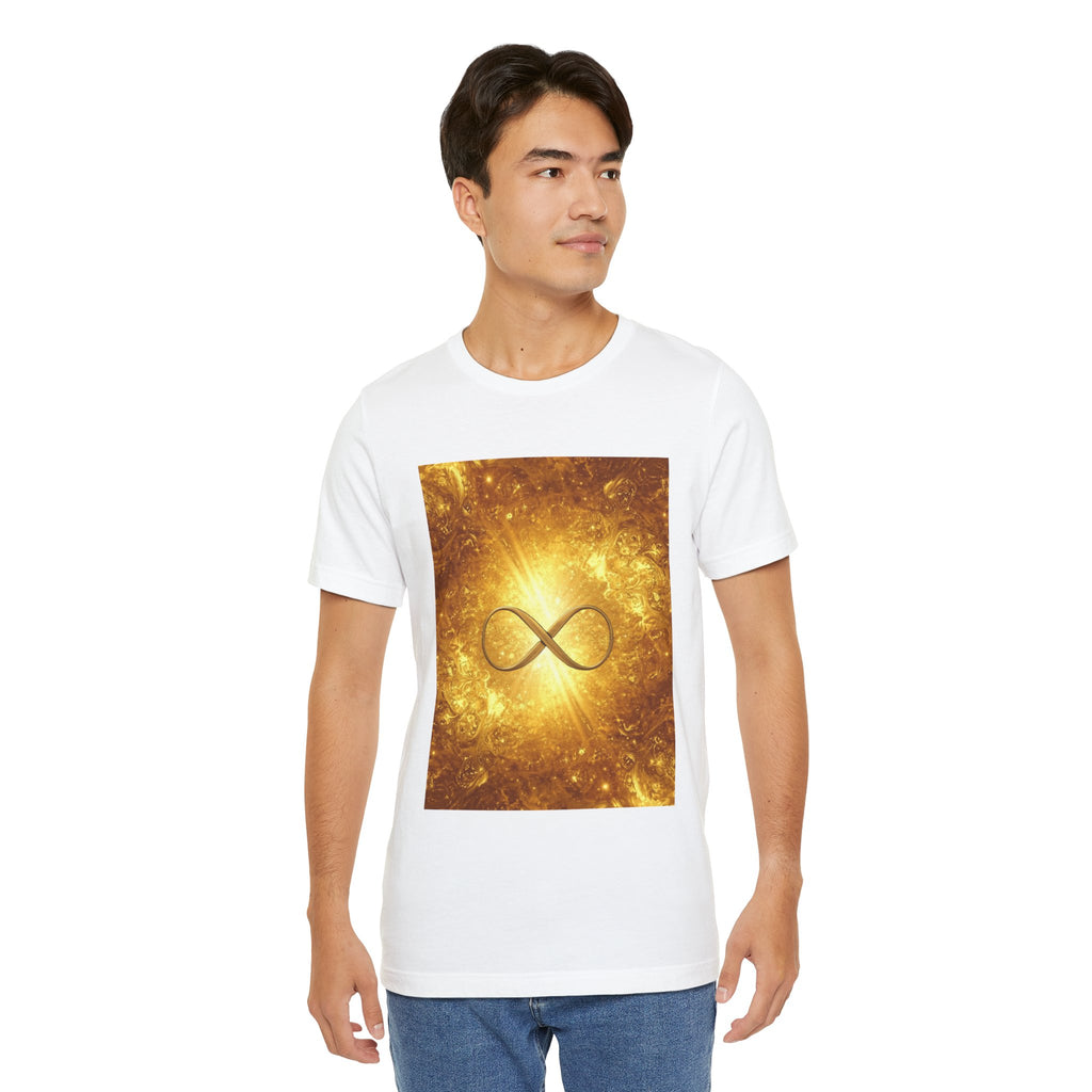 Infinity Symbol Cosmic Tee — Golden Spiritual Graphic T-Shirt
