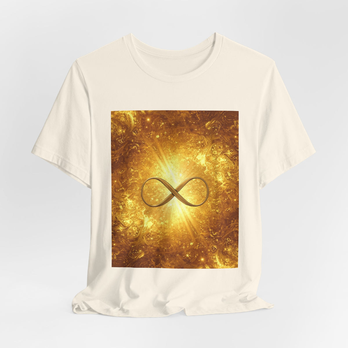 Infinity Symbol Cosmic Tee — Golden Spiritual Graphic T-Shirt