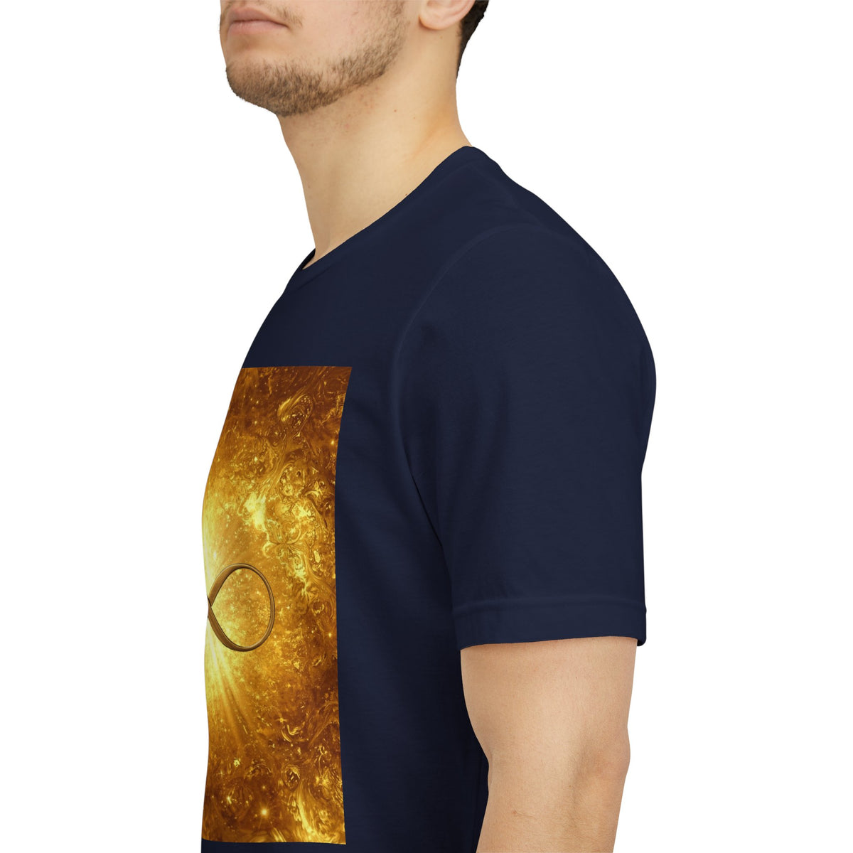 Infinity Symbol Cosmic Tee — Golden Spiritual Graphic T-Shirt