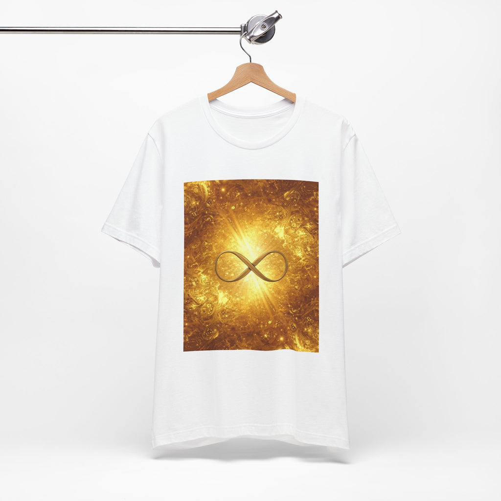 Infinity Symbol Cosmic Tee — Golden Spiritual Graphic T-Shirt