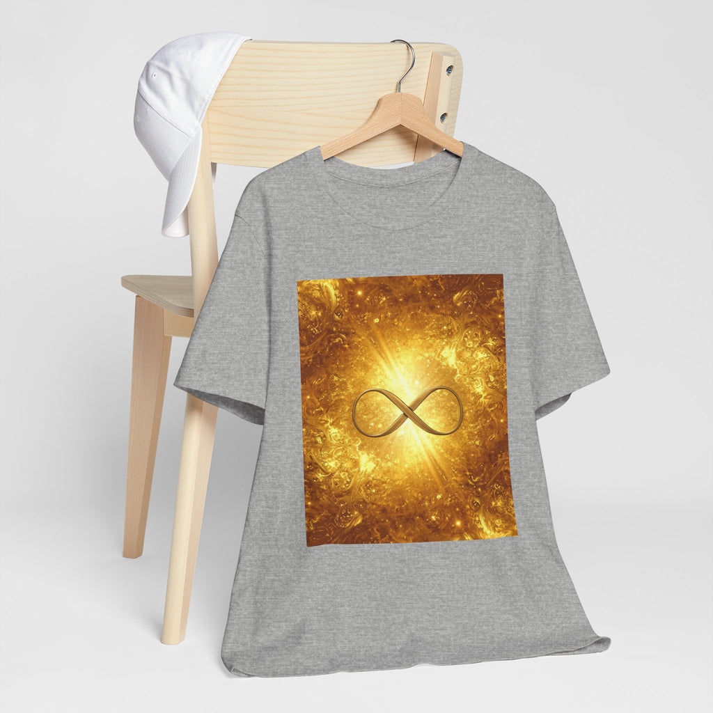 Infinity Symbol Cosmic Tee — Golden Spiritual Graphic T-Shirt