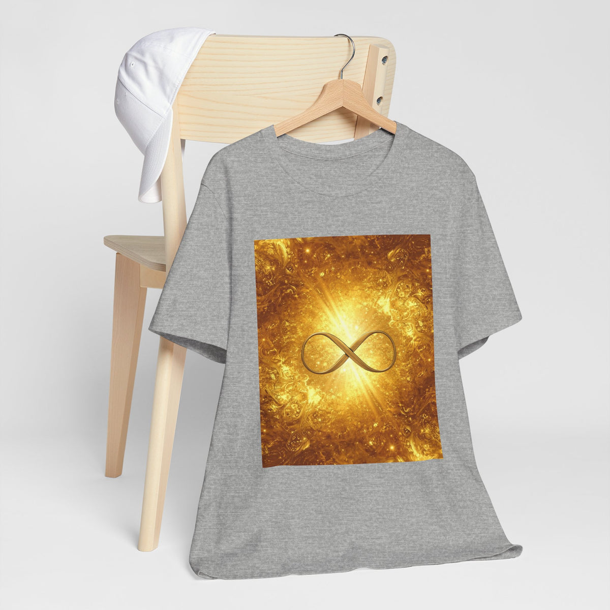 Infinity Symbol Cosmic Tee — Golden Spiritual Graphic T-Shirt