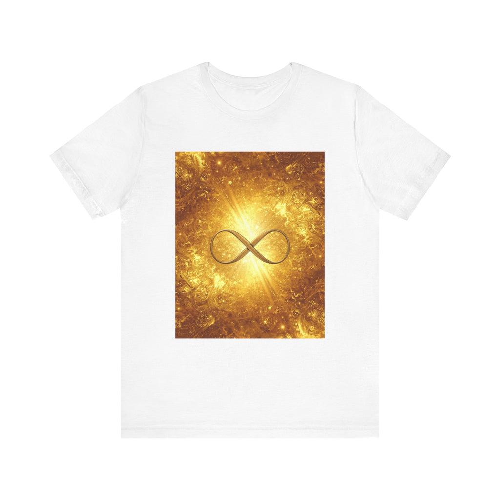 Infinity Symbol Cosmic Tee — Golden Spiritual Graphic T-Shirt