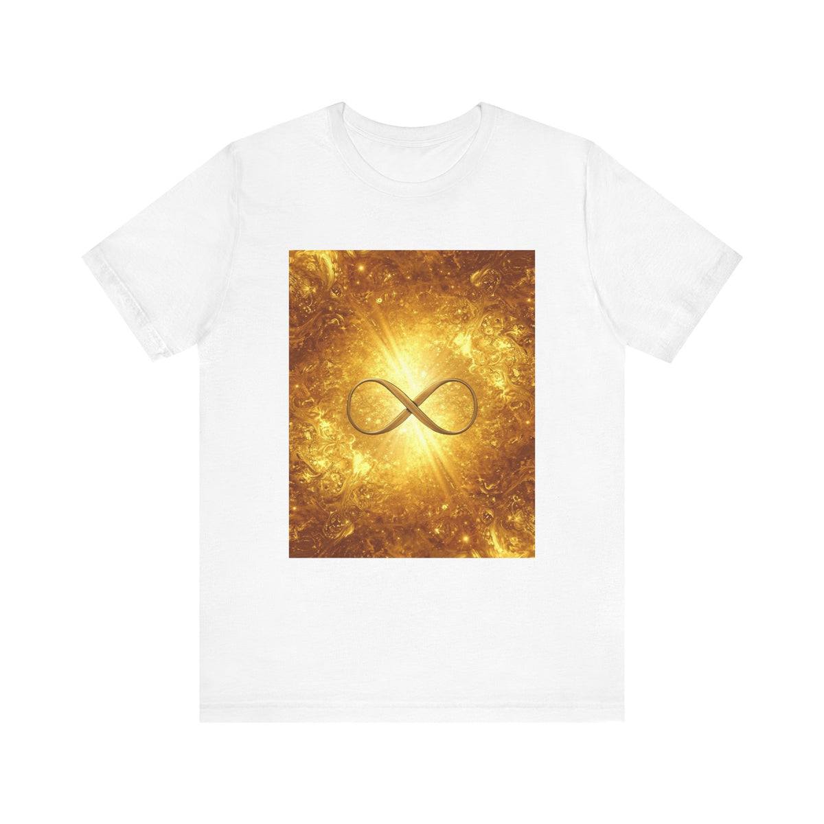 Infinity Symbol Cosmic Tee — Golden Spiritual Graphic T-Shirt