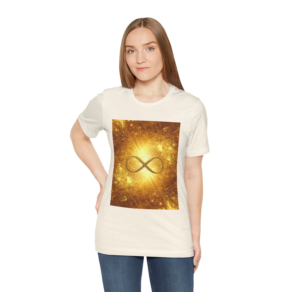 Infinity Symbol Cosmic Tee — Golden Spiritual Graphic T-Shirt