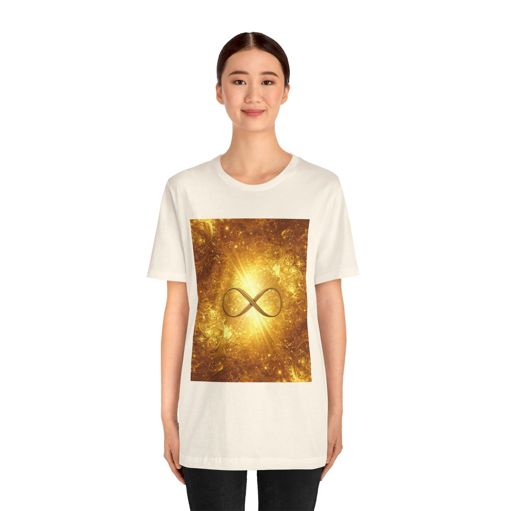 Infinity Symbol Cosmic Tee — Golden Spiritual Graphic T-Shirt
