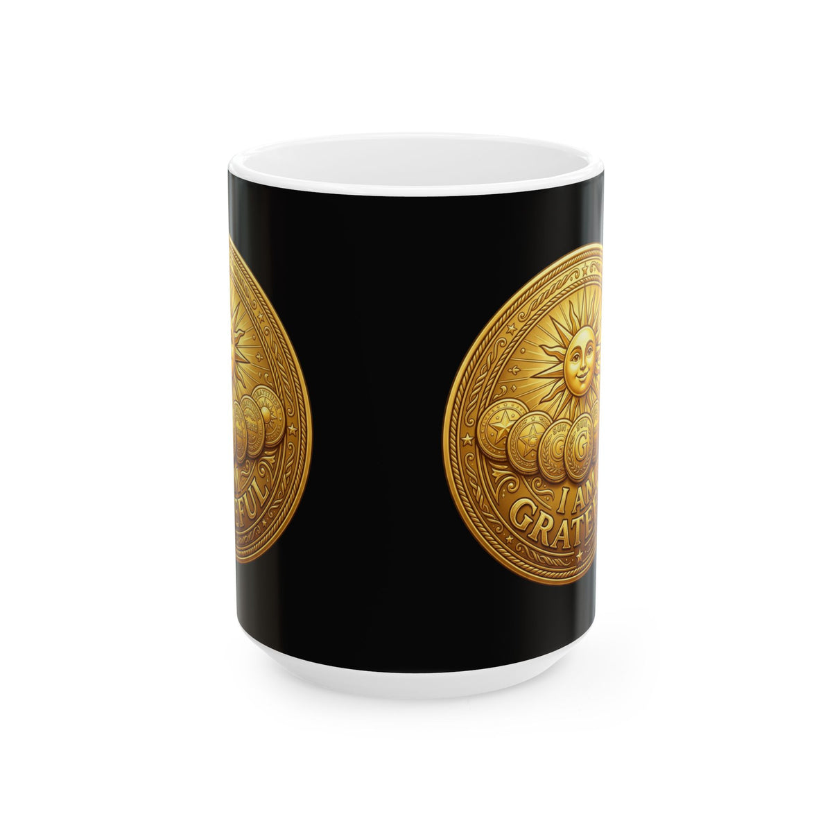 Gold Coin Ceramic Mug – Gratitude Sun Emblem Coffee Cup (11oz & 15oz)