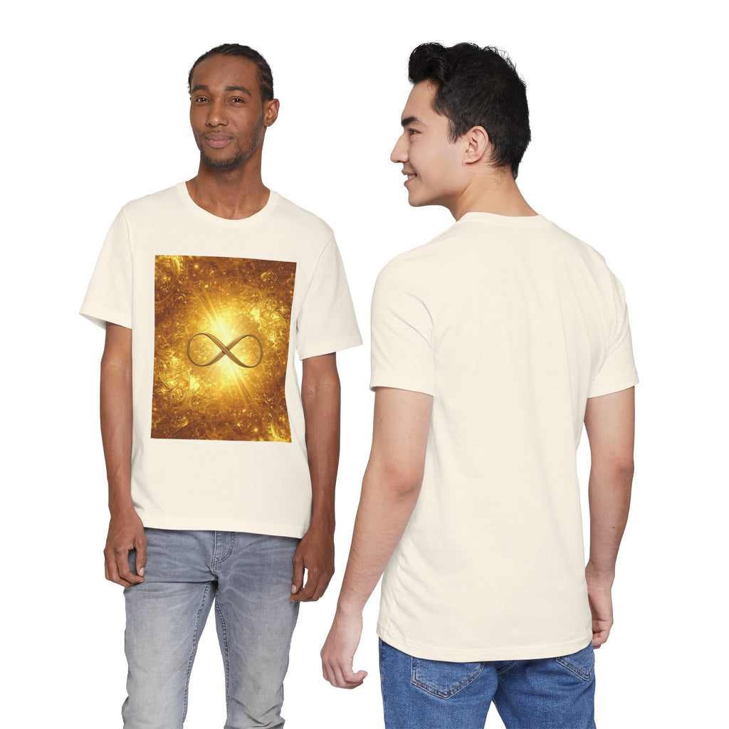 Infinity Symbol Cosmic Tee — Golden Spiritual Graphic T-Shirt