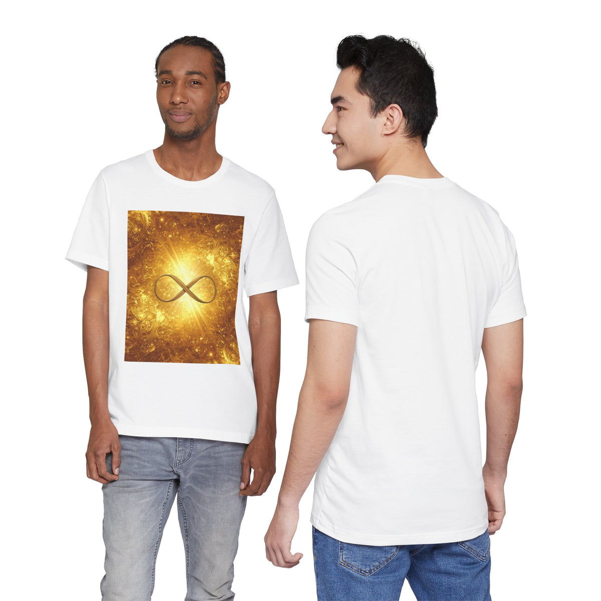 Infinity Symbol Cosmic Tee — Golden Spiritual Graphic T-Shirt