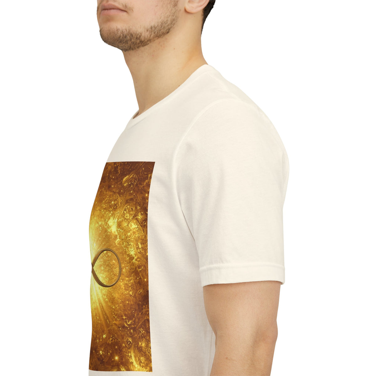 Infinity Symbol Cosmic Tee — Golden Spiritual Graphic T-Shirt