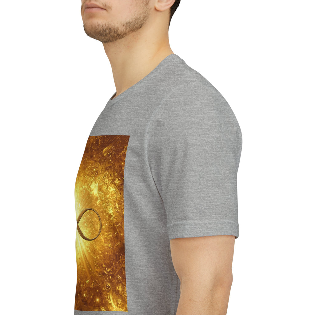 Infinity Symbol Cosmic Tee — Golden Spiritual Graphic T-Shirt