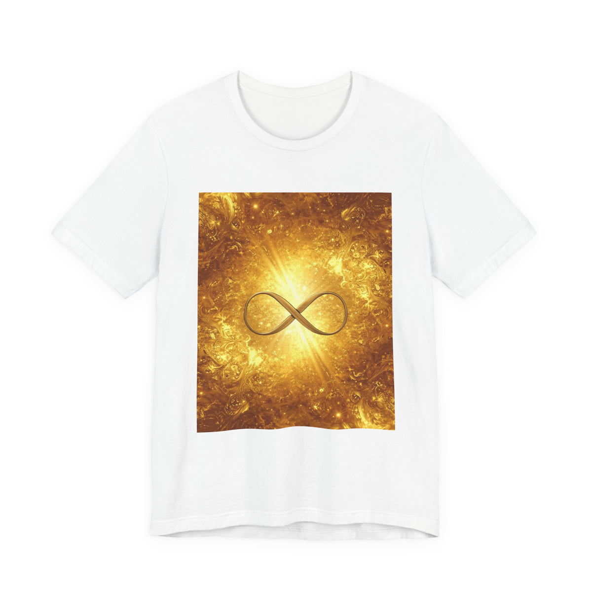 Infinity Symbol Cosmic Tee — Golden Spiritual Graphic T-Shirt