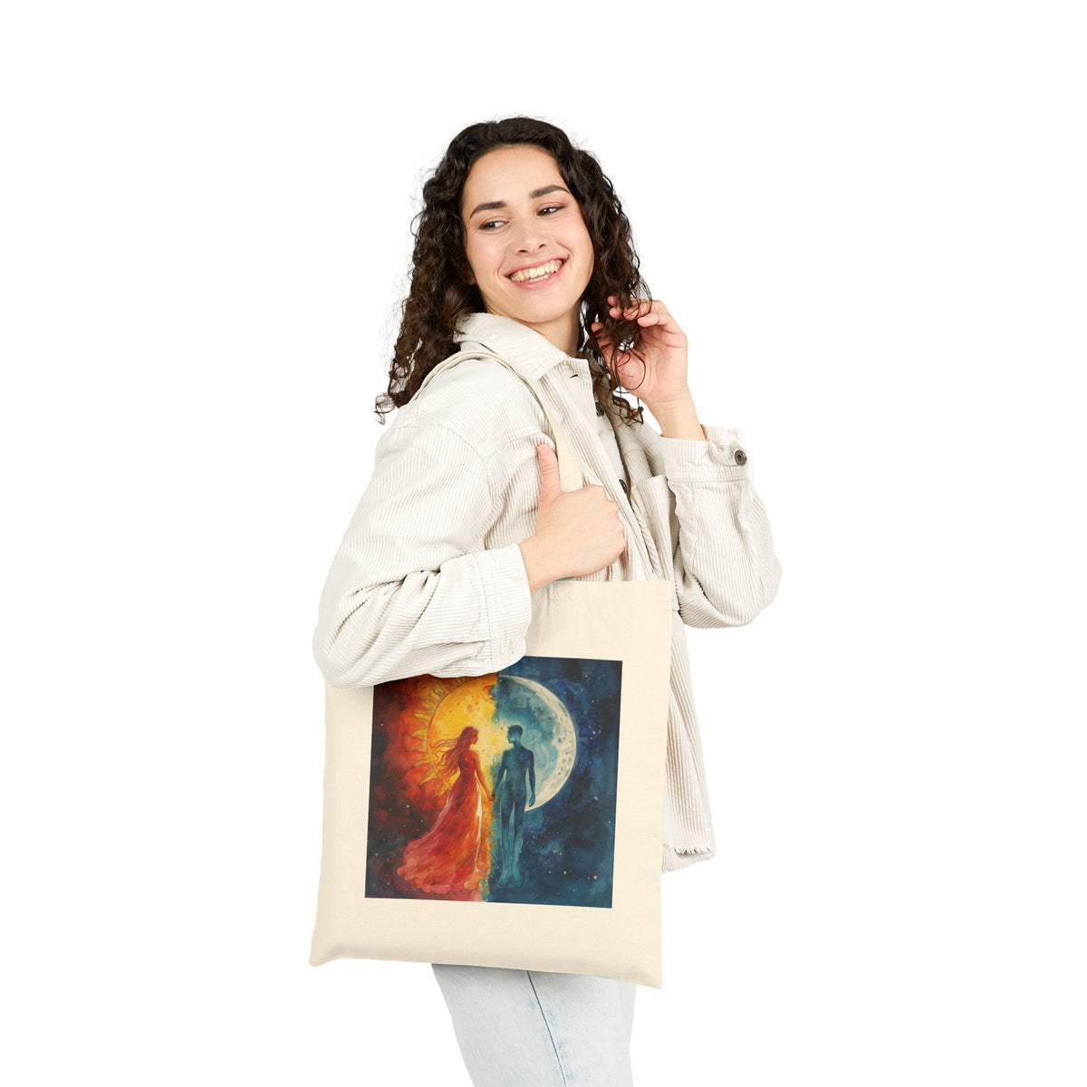 Sun & Moon Lovers Canvas Tote — Romantic Celestial Art Cotton Bag